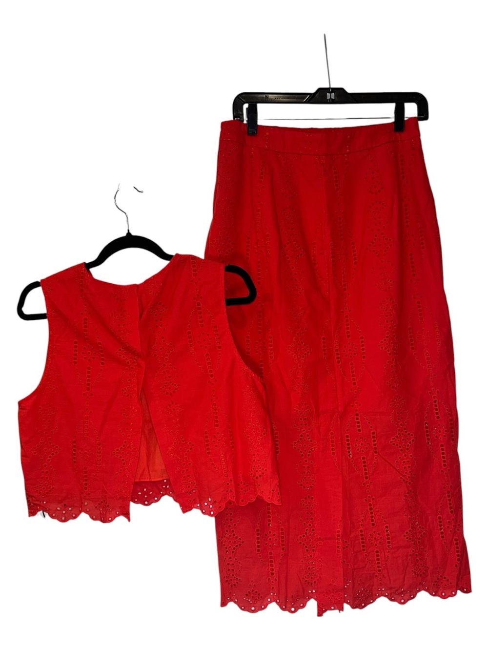 Commense Cotton Eyelet Embroidery Top Midi Skirt Set Red Size M NWT 2 Piece - Picture 3 of 15